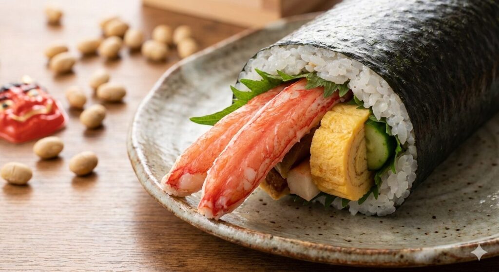 ズワイガニの脚肉がたっぷりとはみ出した、豪華な自家製カニ恵方巻の断面写真。背景には節分の豆と鬼の面がある。