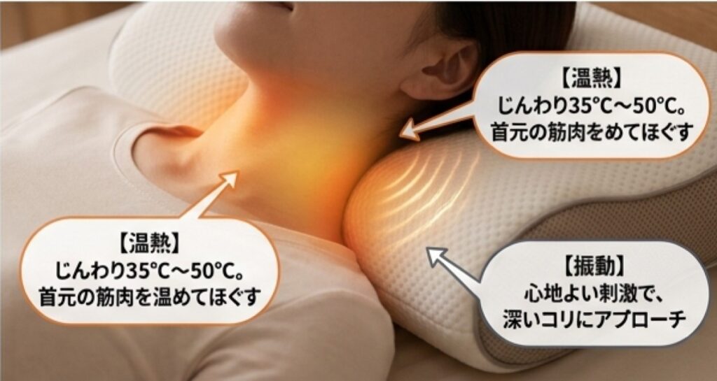 首元を温め、振動させる枕の使用イメージ。温熱（35〜50℃）と振動の効果