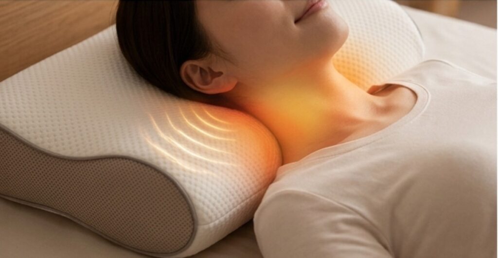 ダブル枕で眠る女性と首元の温熱効果の写真素材。