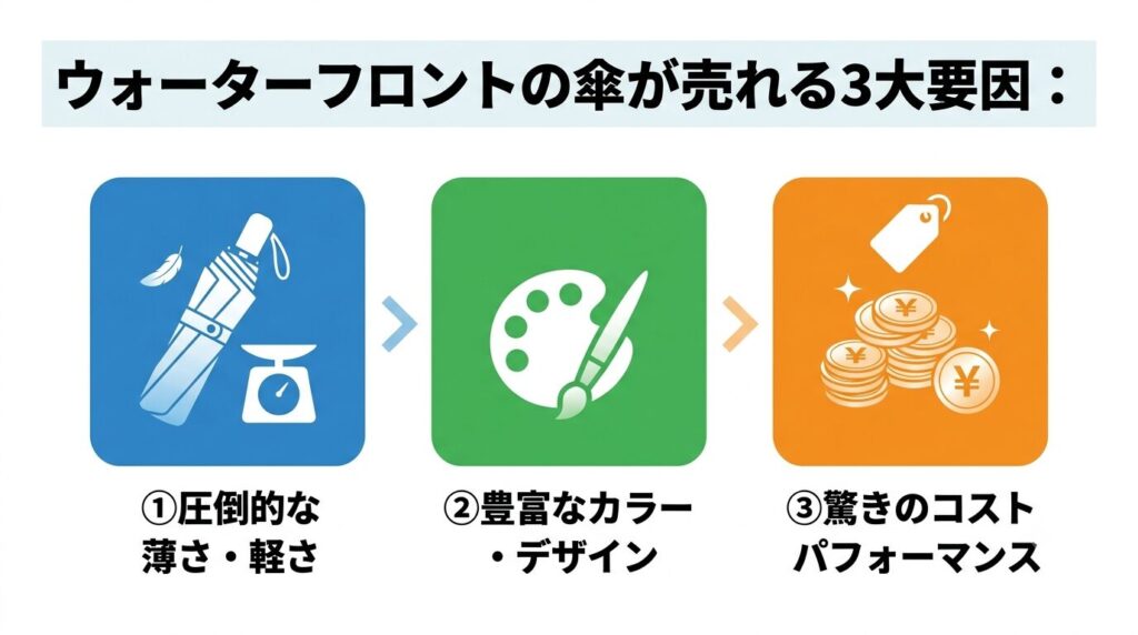 ウォーターフロントの傘が売れる3大要因（薄さ・デザイン・コスパ）の図解