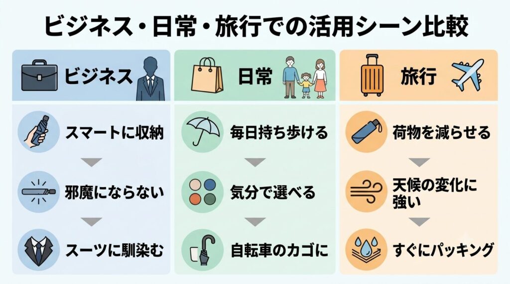 ビジネス、日常、旅行におけるウォーターフロントの傘の活用シーン比較図