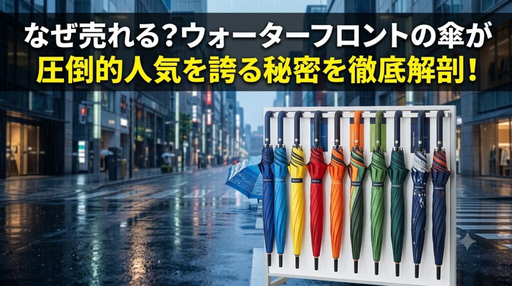 カラフルなウォーターフロントの折りたたみ傘とスタイリッシュな都市の雨風景