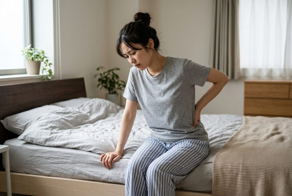 朝起きて腰の重さや違和感に悩む女性