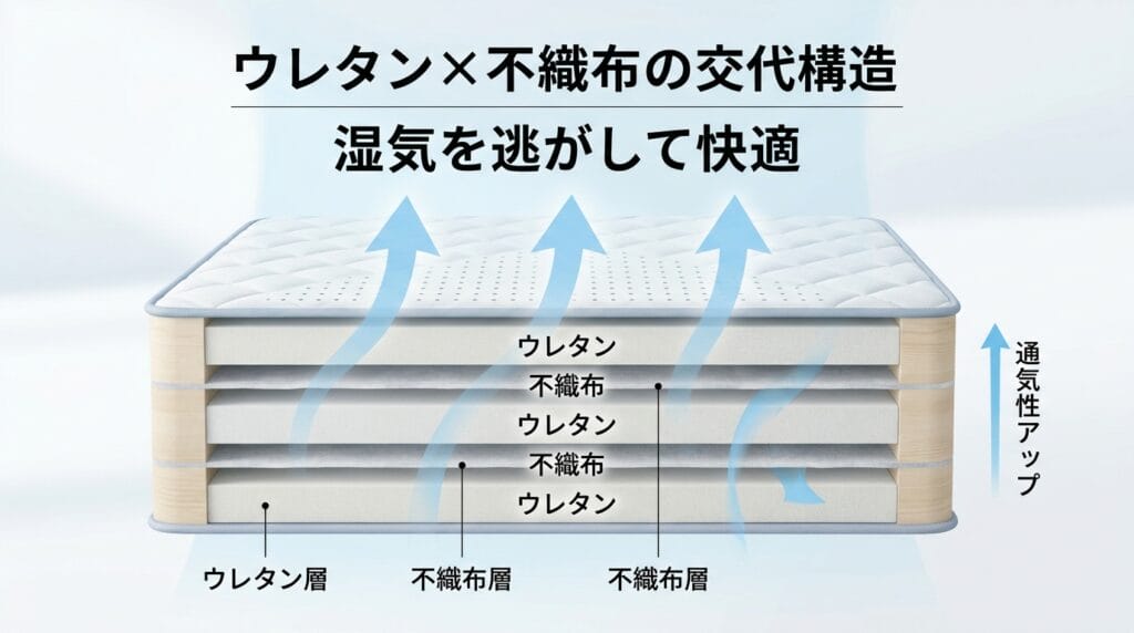 ウレタンと不織布を交互に重ねたNELLマットレスの通気性構造