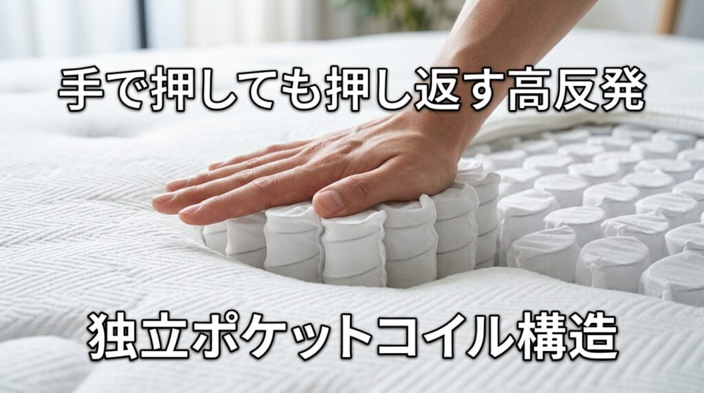NELLマットレスの高密度ポケットコイルを手で押している様子
