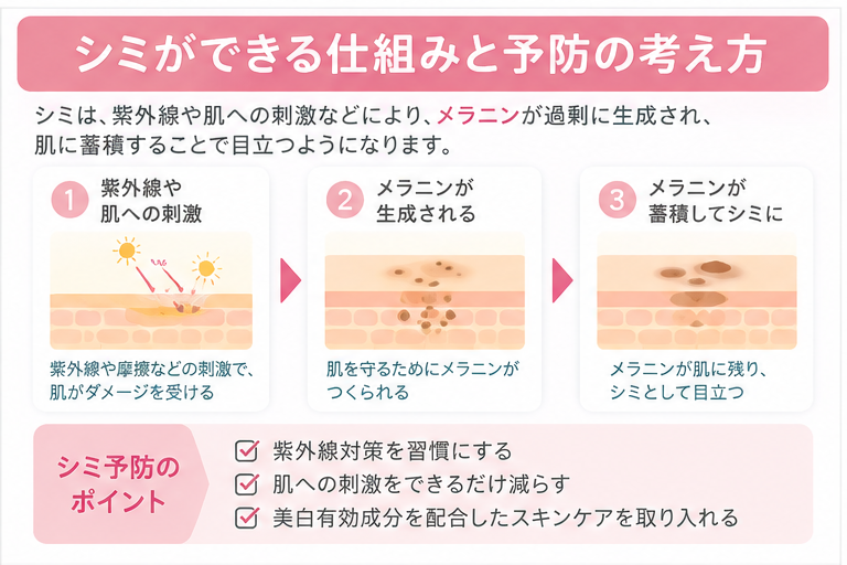 シミができる仕組みとメラニン生成を抑える考え方を解説する画像